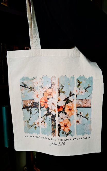 Organic Cotton Tote Bag - My Sin Was Great But His Love Was Greater