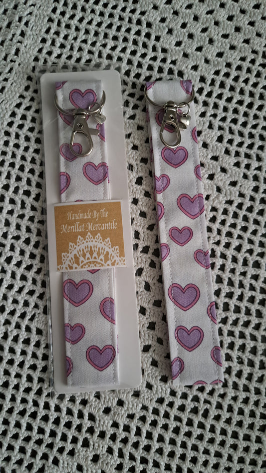 Cotton Pink/Purple Heart Key Wristlet with Dainty Heart Charm