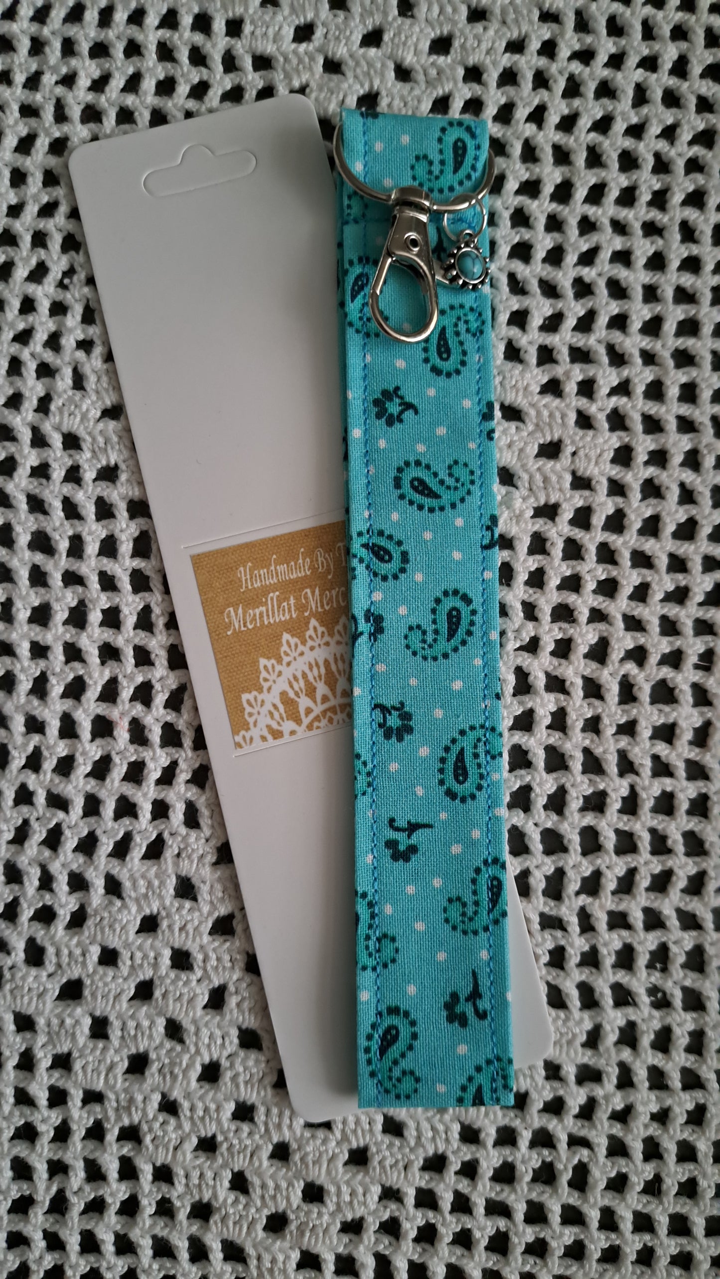 Cotton Teal Paisley Key Wristlet with Turquoise Sun Charm