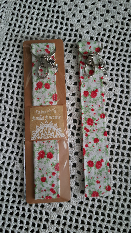 Cotton Red Roses & Green Leaves Key Wristlet with Rose Charm