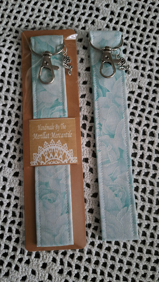 Cotton Light Teal Iridescent Rose Key Wristlet with Rose Charm