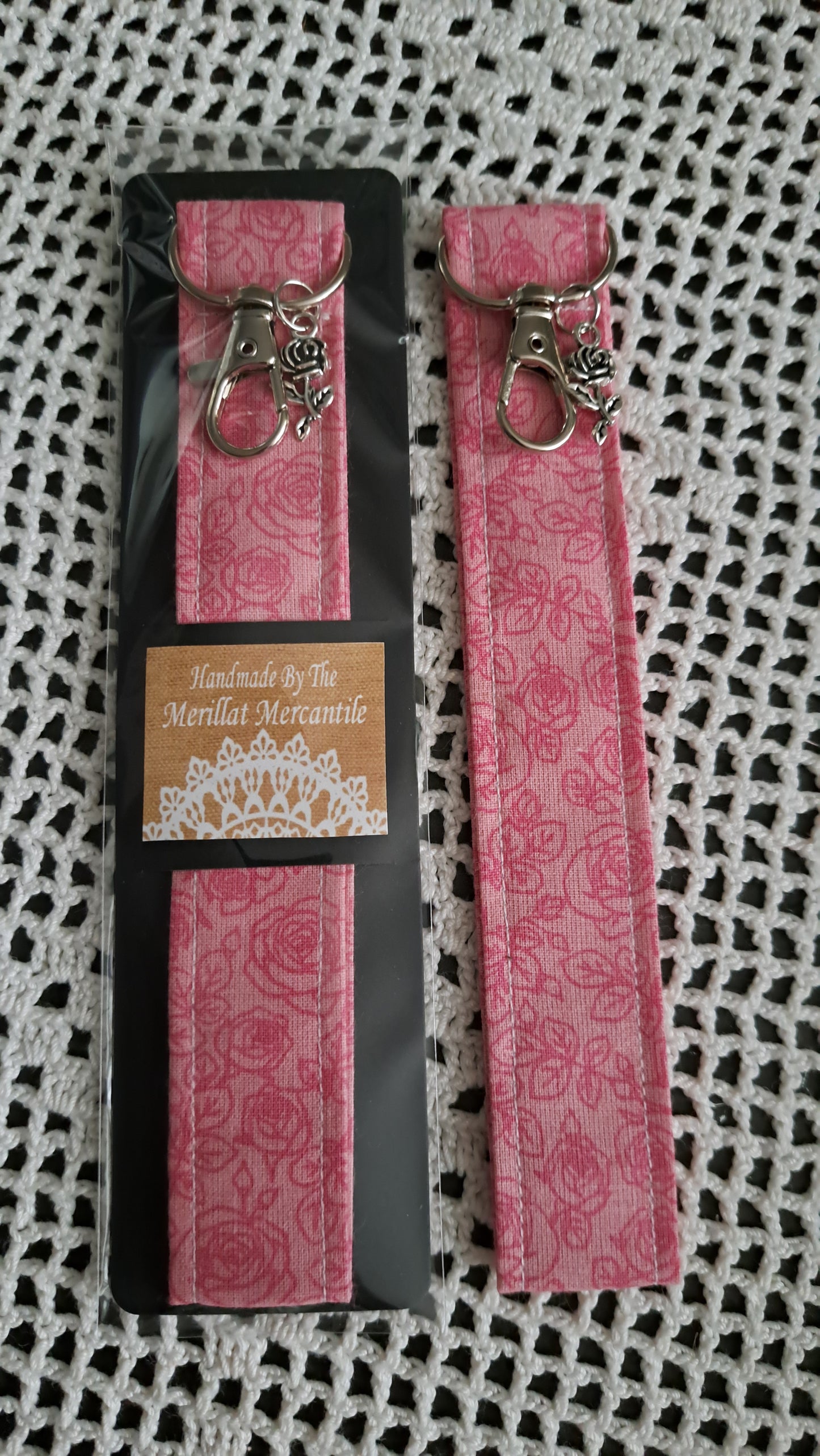 Cotton Light and Dark Pink Rose Key Wristlet with Rose Charm