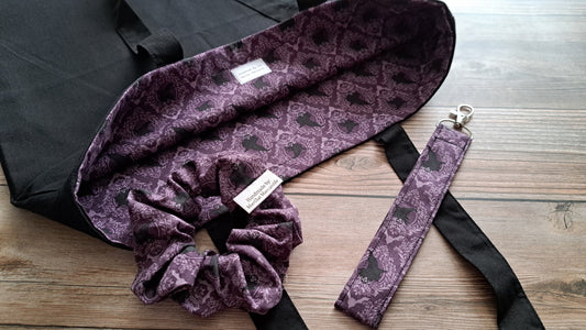 Purple Witch & Bats Lined Black Bag