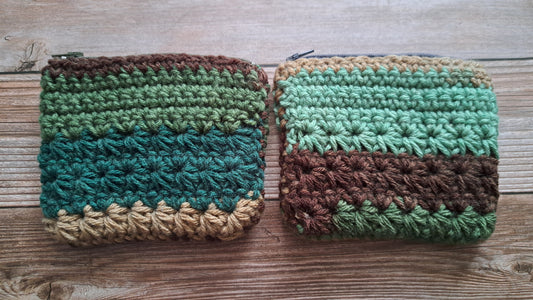 Mossy Forest Crochet Pouch with Cream Yellow Mushroom Liner