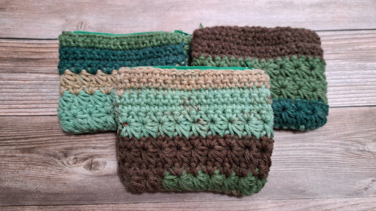Mossy Forest Crochet Pouch with Light Green Mushroom Liner