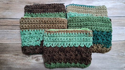 Mossy Forest Crochet Pouch with Blue Mushroom Liner
