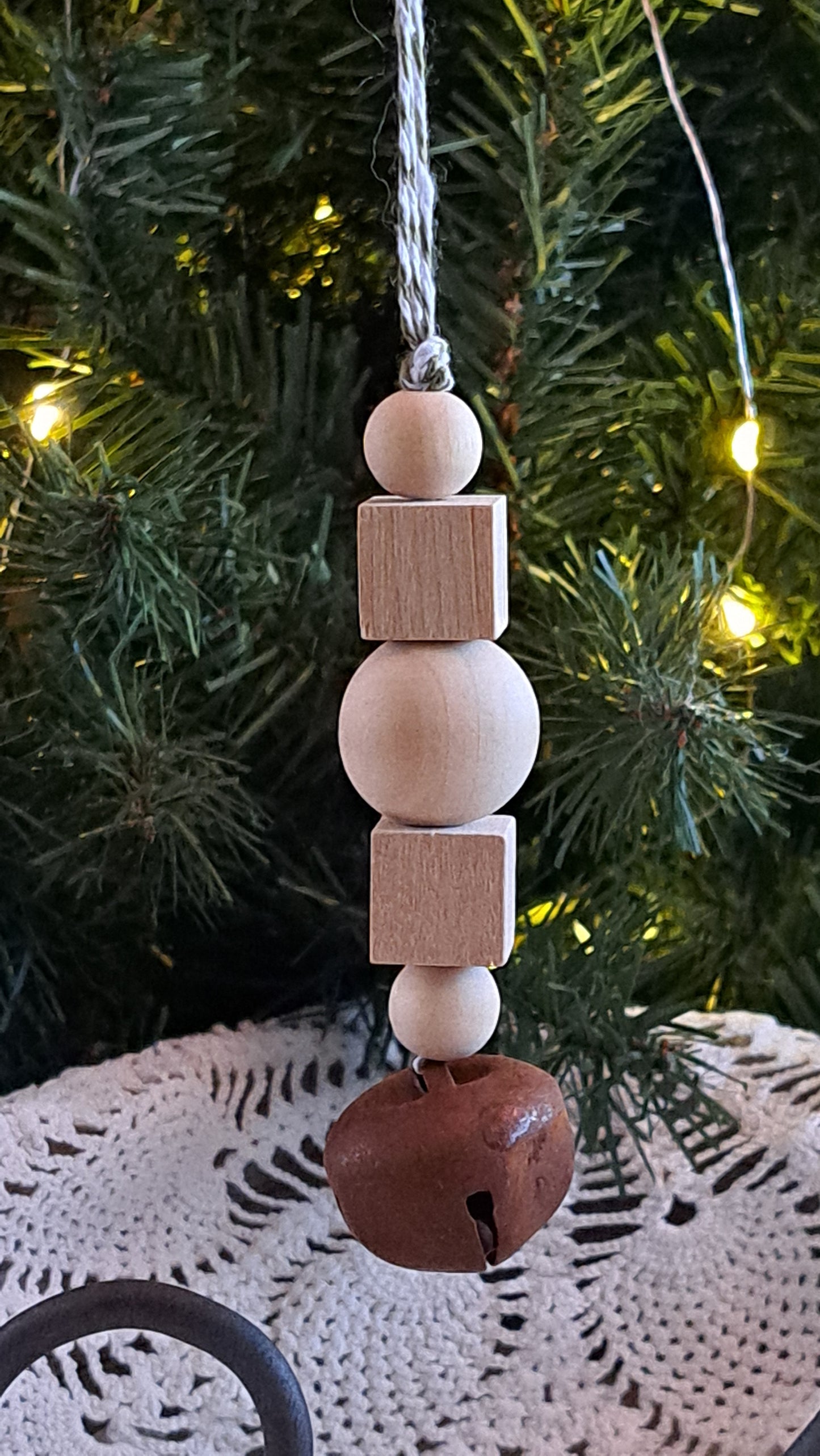 Rustic Jingle Bell Ornament (green & white hanger)