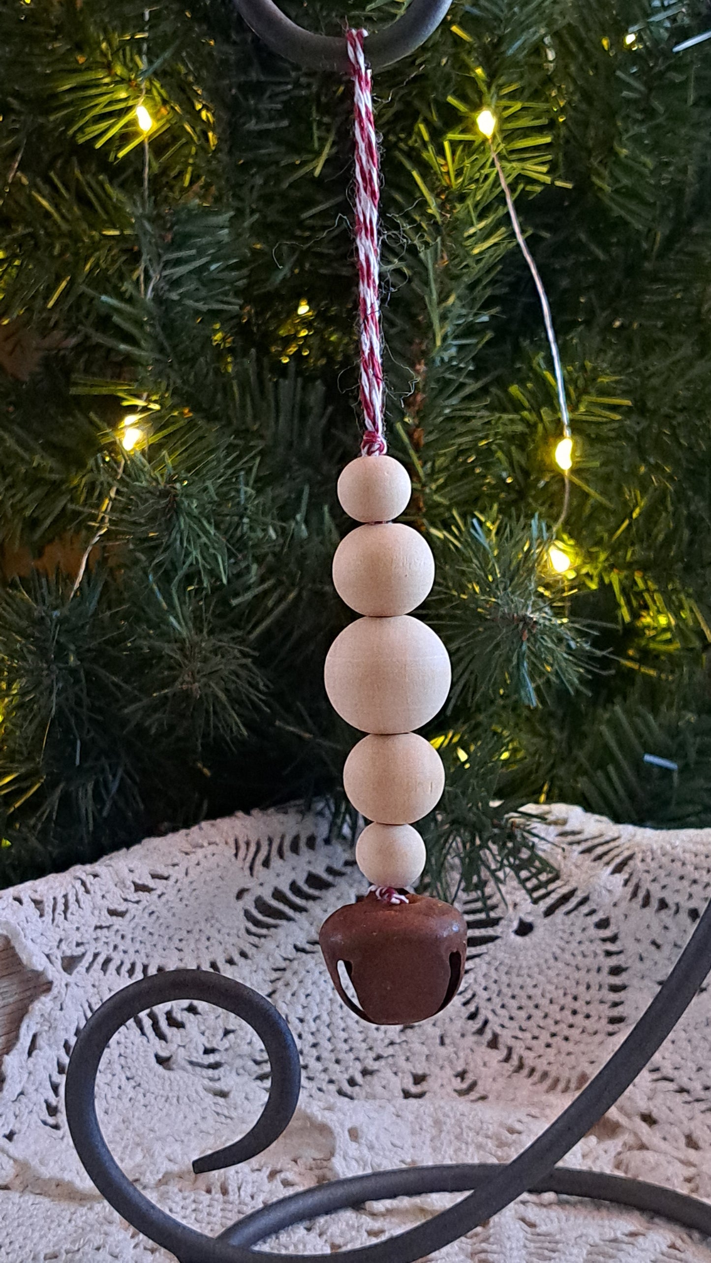 Rustic Jingle Bell Ornament (red and white hanger)