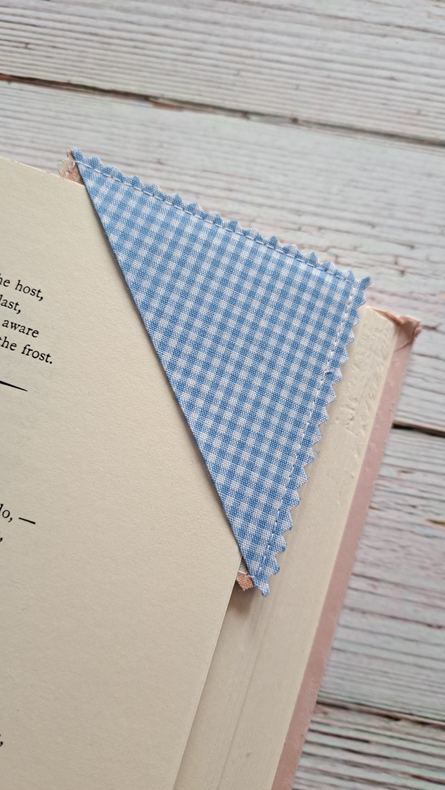 Blue Gingham, Blue Hearts, Peach Checkerboard, Denim Back Fabric Corner Bookmark