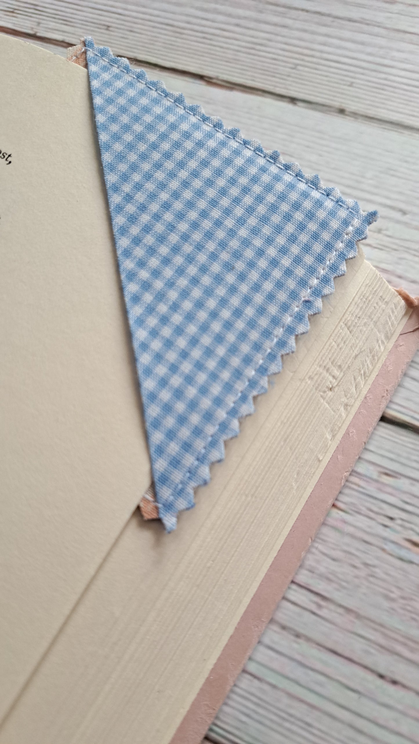 Blue Gingham, Blue Hearts, Peach Checkerboard, Denim Back Fabric Corner Bookmark