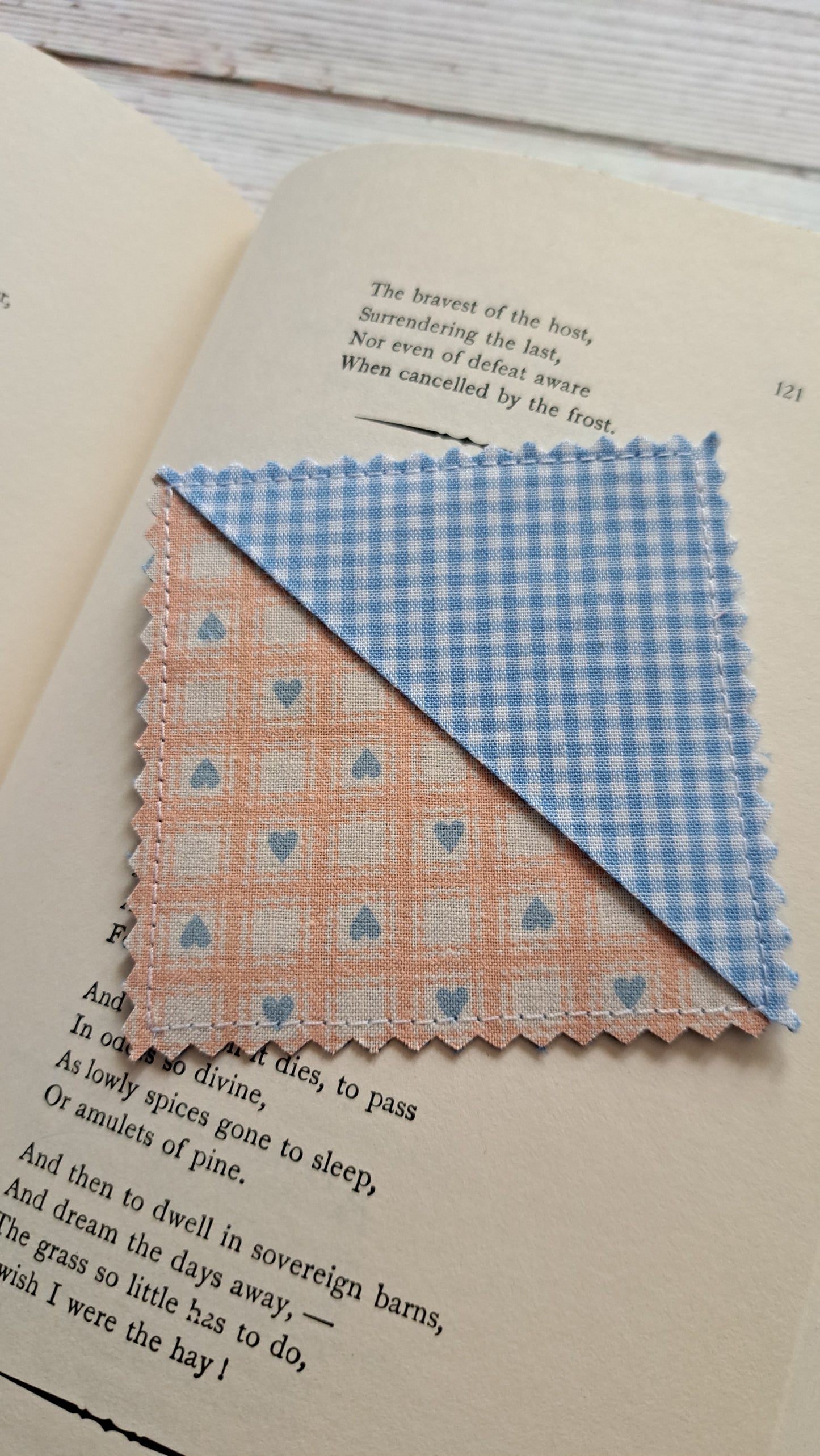Blue Gingham, Blue Hearts, Peach Checkerboard, Denim Back Fabric Corner Bookmark