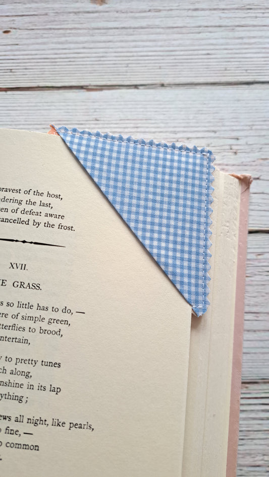Blue Gingham with Blue Hearts on Peach Checkerboard Fabric Corner Bookmark