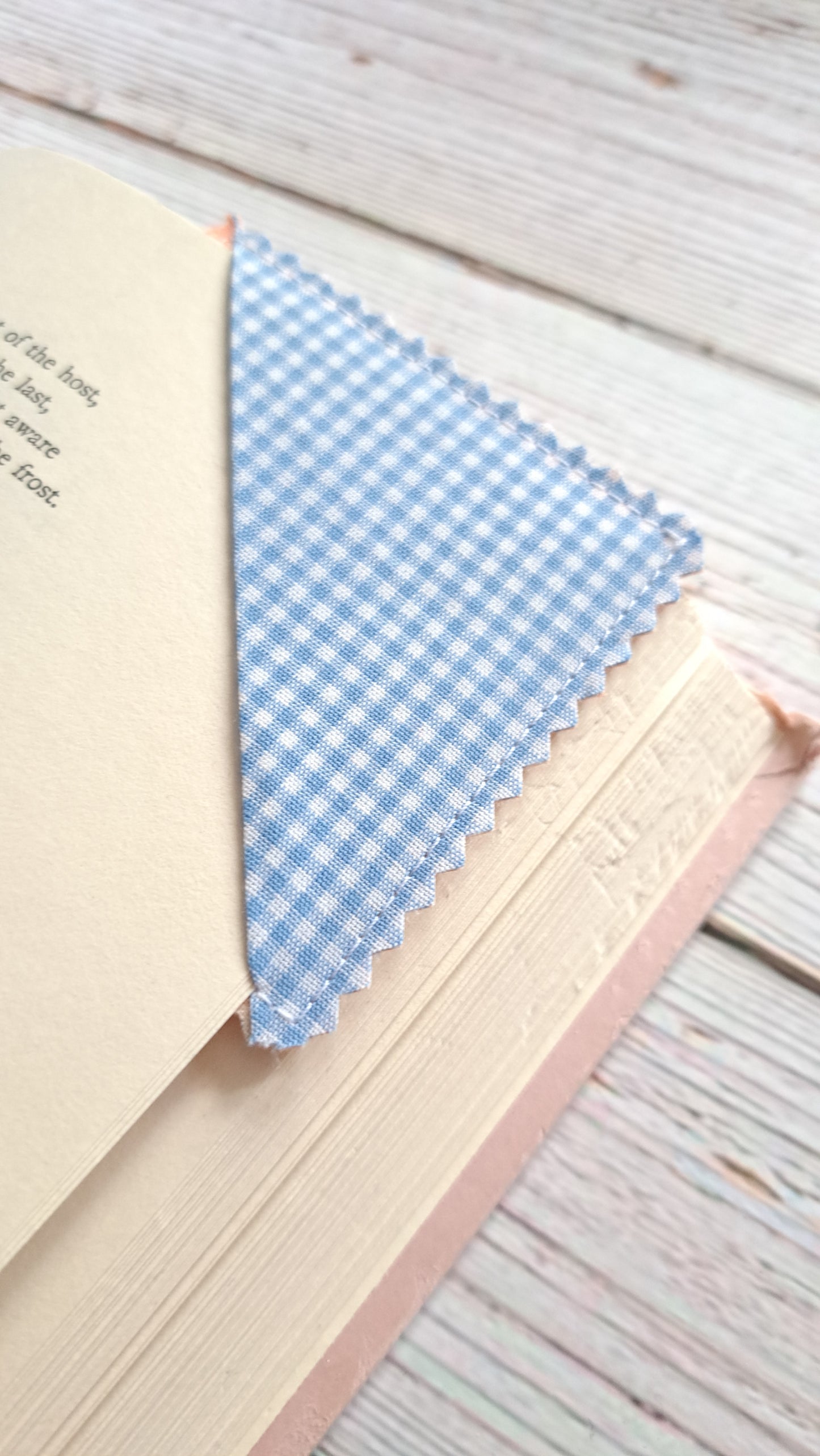 Blue Gingham with Blue Hearts on Peach Checkerboard Fabric Corner Bookmark