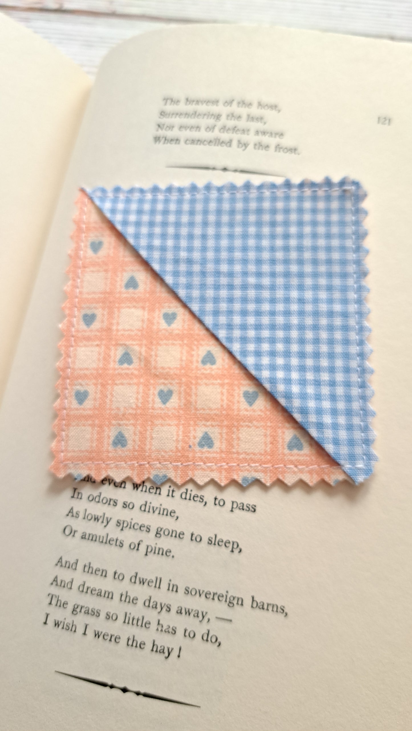 Blue Gingham with Blue Hearts on Peach Checkerboard Fabric Corner Bookmark