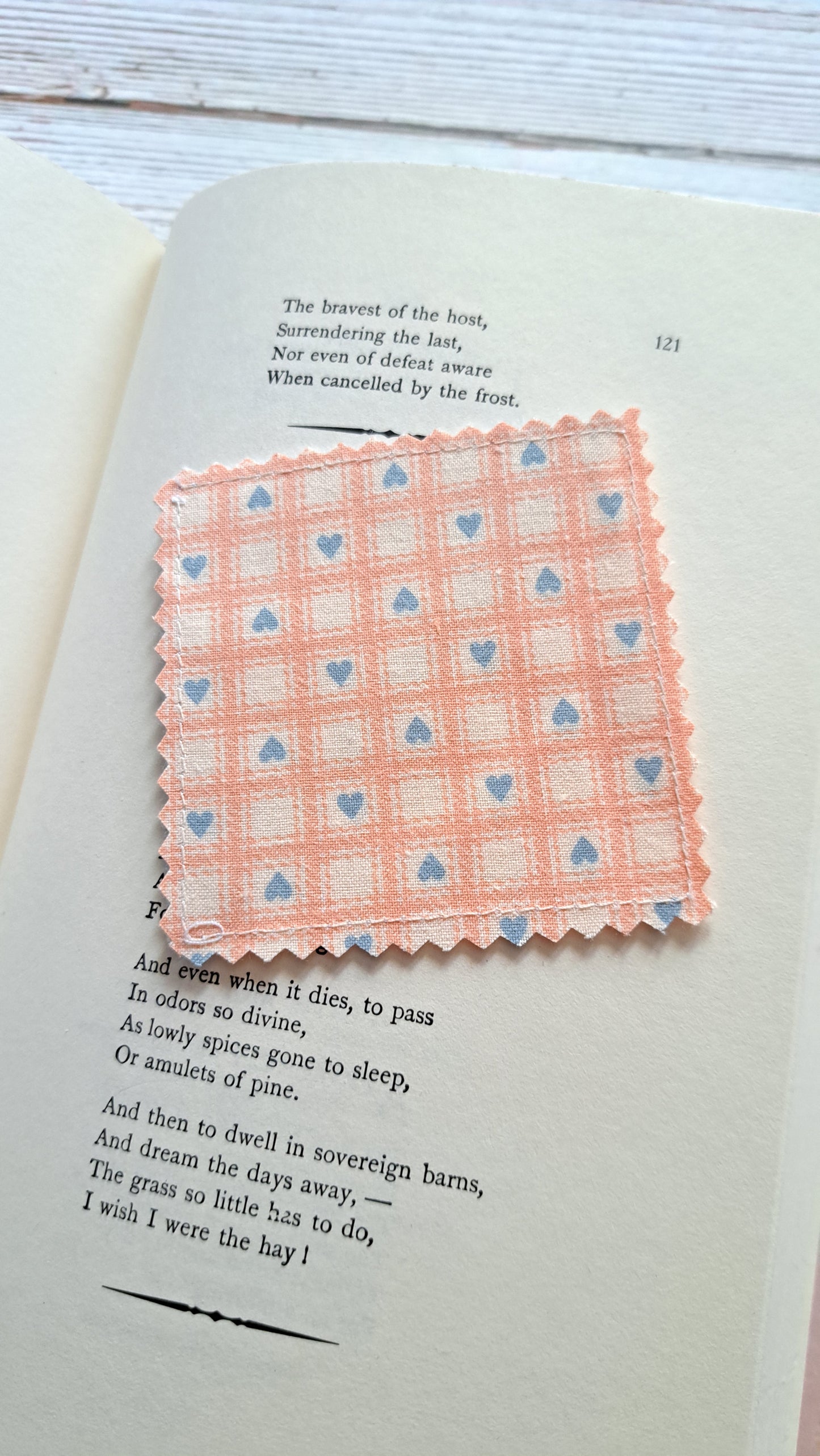 Blue Gingham with Blue Hearts on Peach Checkerboard Fabric Corner Bookmark