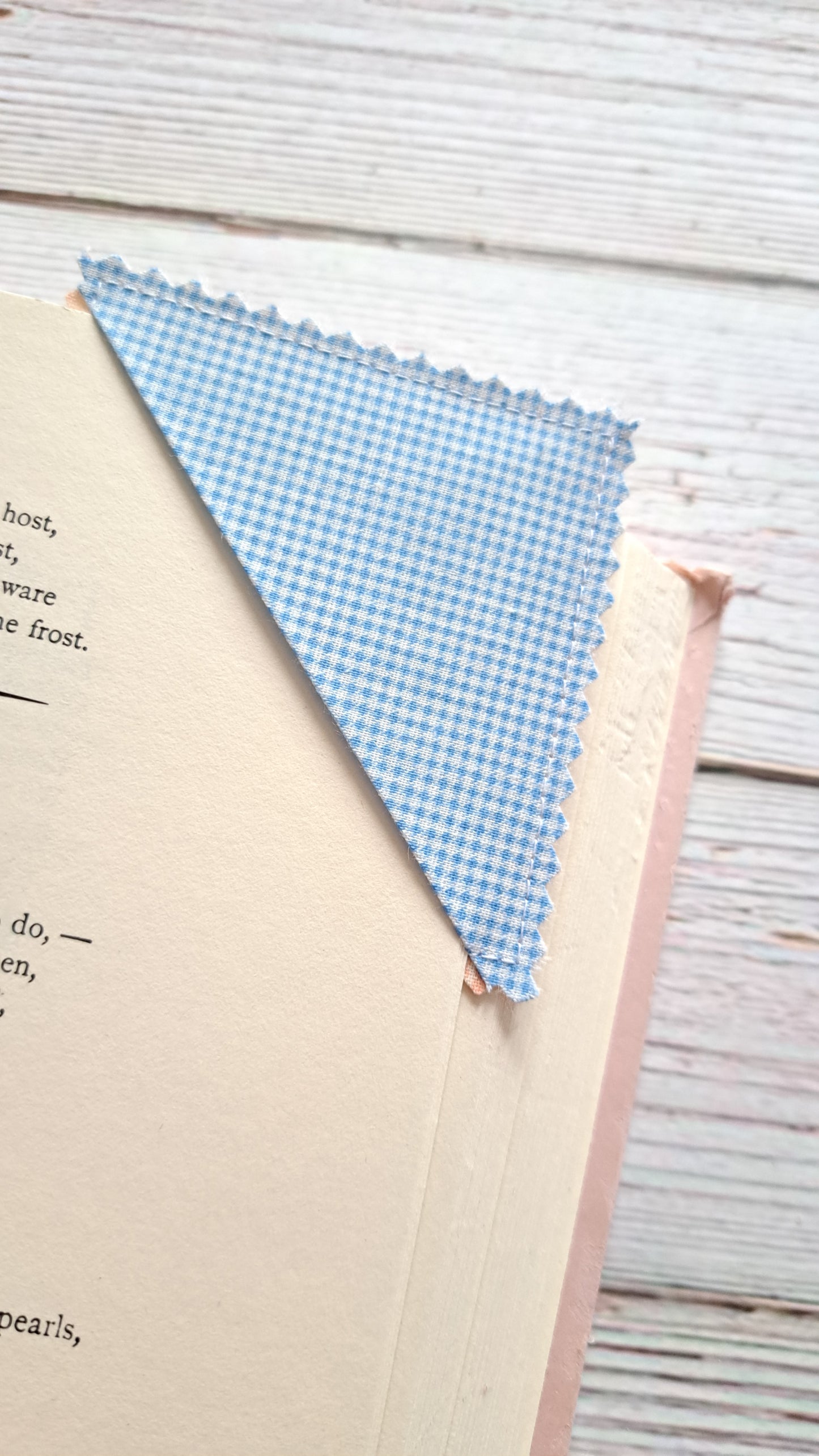 Micro Blue Gingham with Blue Hearts on Peach Checkerboard Fabric Corner Bookmark