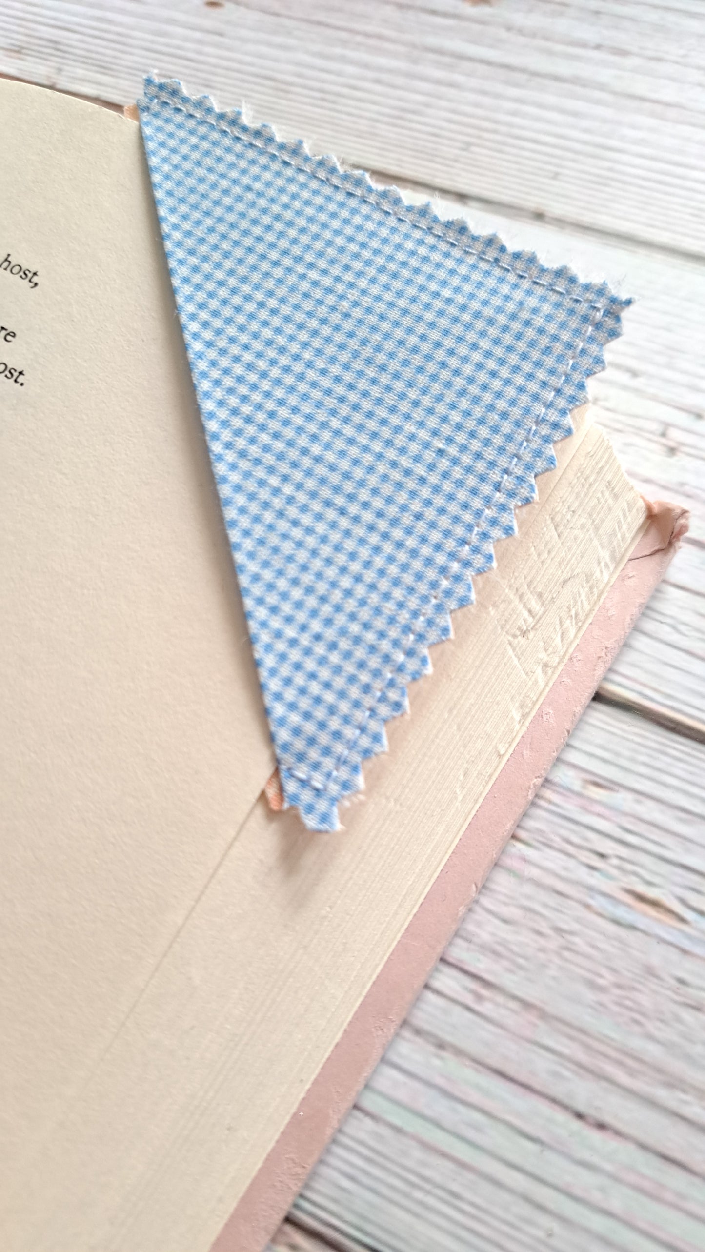 Micro Blue Gingham with Blue Hearts on Peach Checkerboard Fabric Corner Bookmark