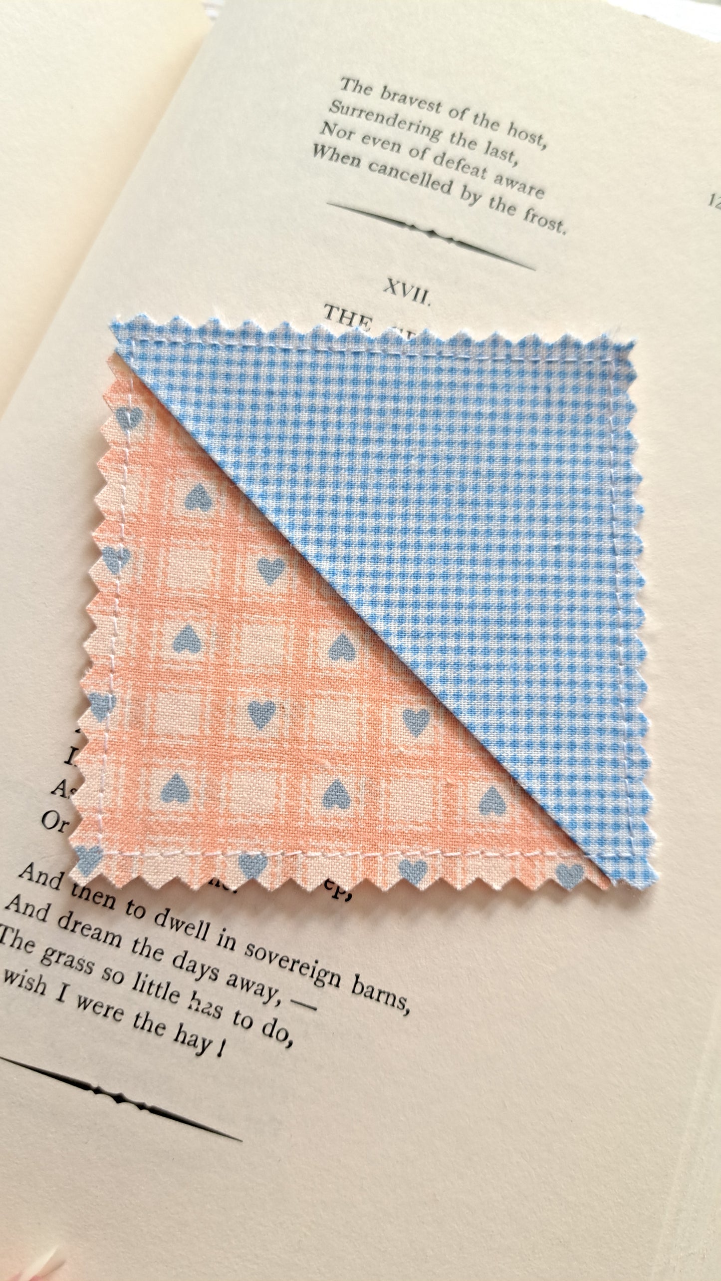 Micro Blue Gingham with Blue Hearts on Peach Checkerboard Fabric Corner Bookmark