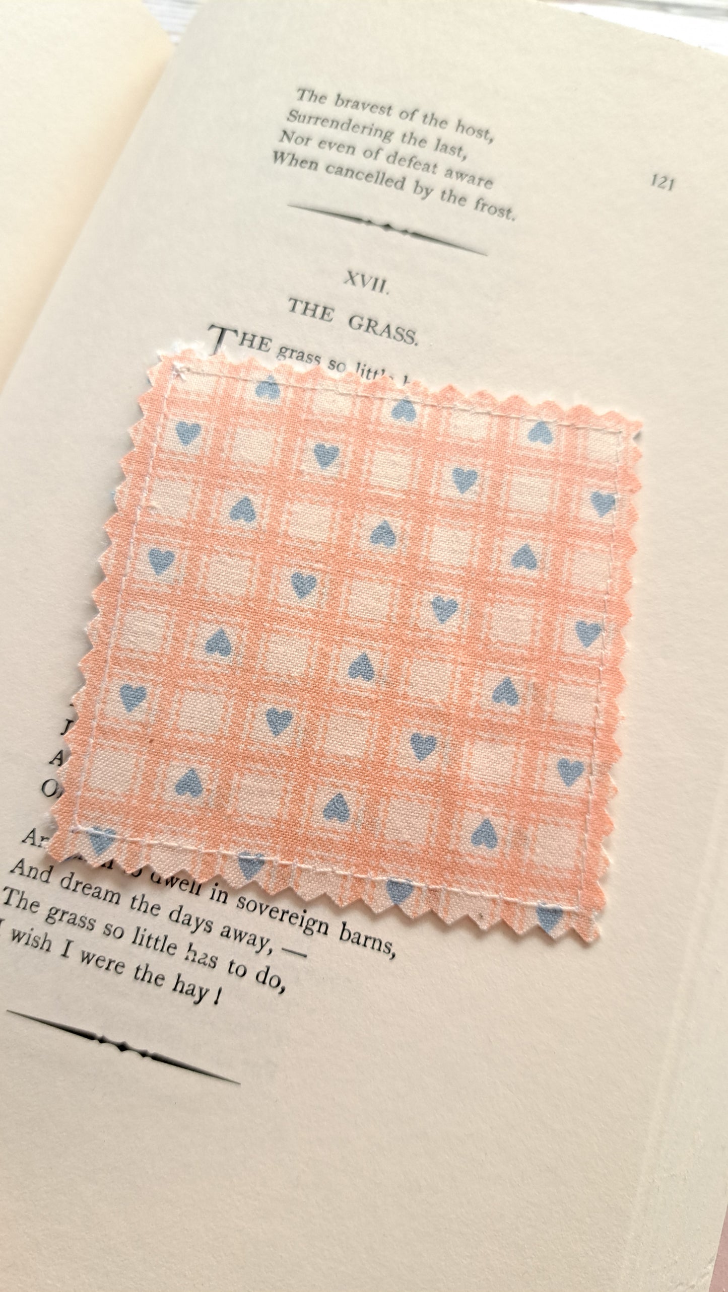 Micro Blue Gingham with Blue Hearts on Peach Checkerboard Fabric Corner Bookmark