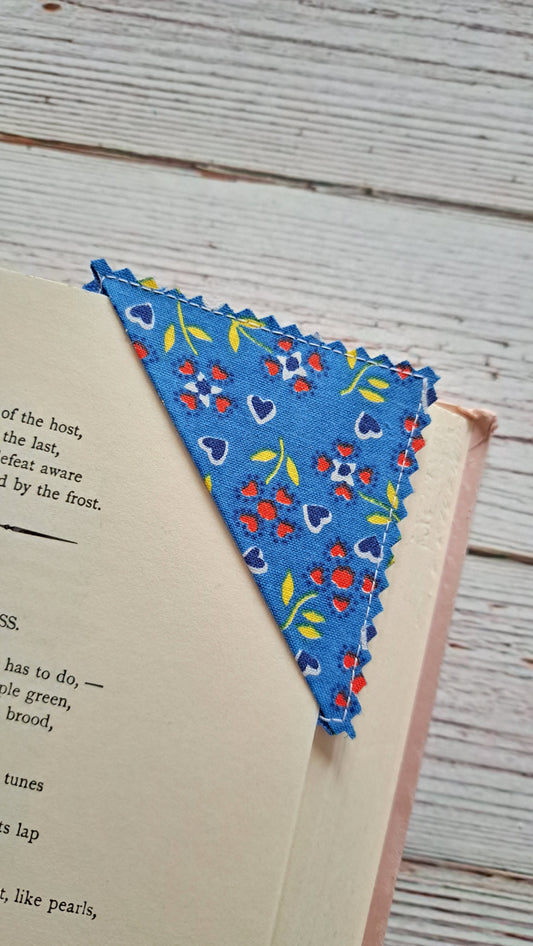 Blue Hearts/Red Floral Hearts with Denim Fabric Corner Bookmark