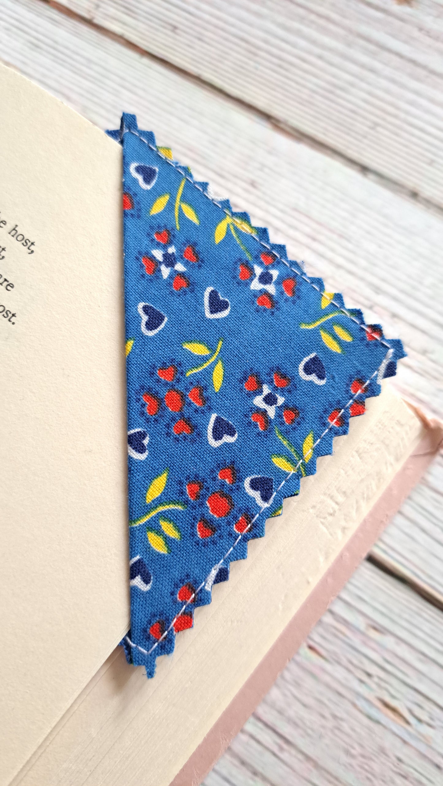 Blue Hearts/Red Floral Hearts with Denim Fabric Corner Bookmark