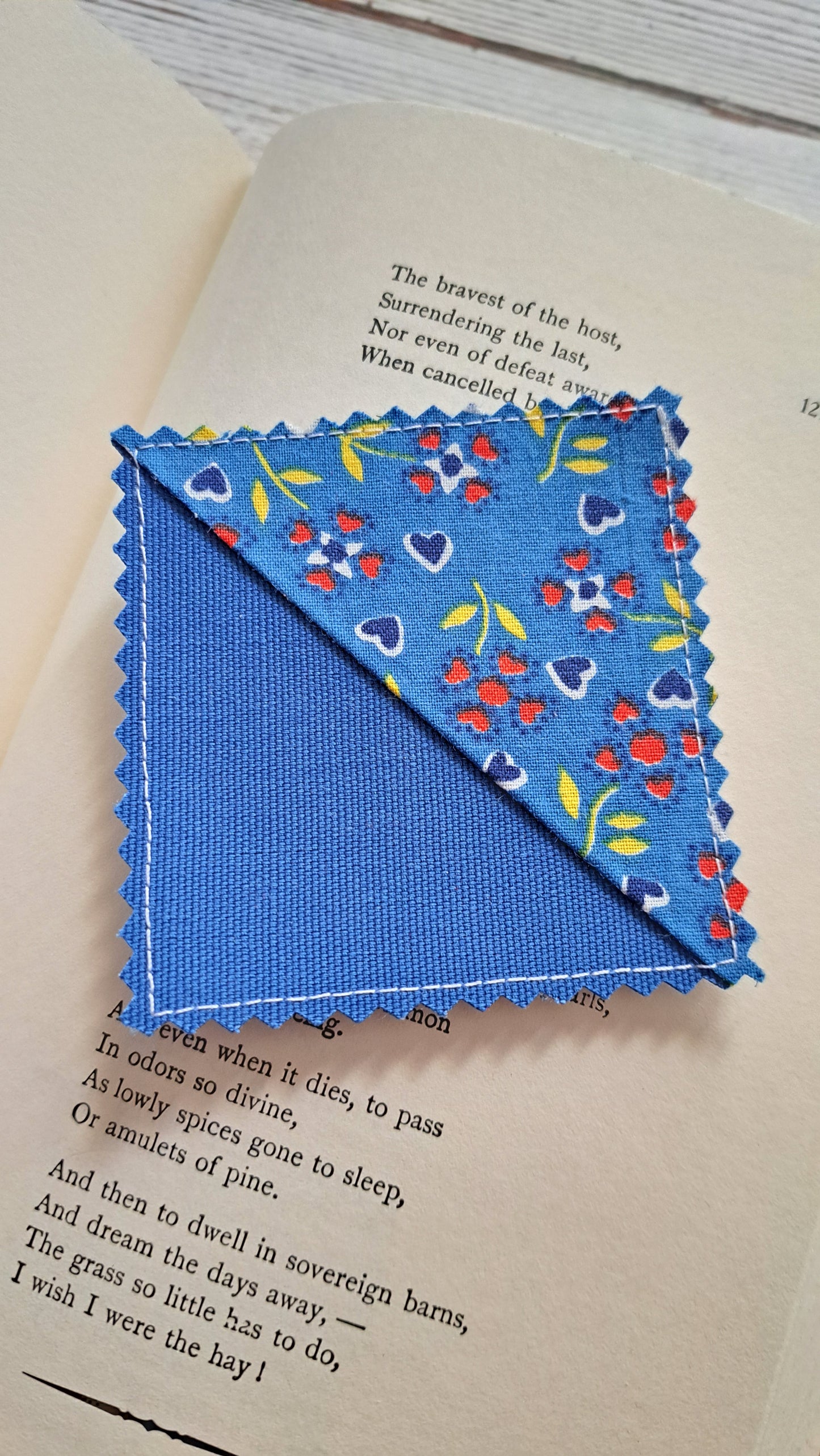 Blue Hearts/Red Floral Hearts with Denim Fabric Corner Bookmark
