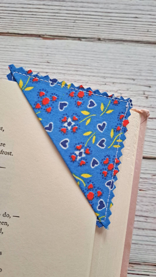 Blue Hearts/Red Floral Hearts/Solid Denim Color/Red Heart Vine Fabric Corner Bookmark