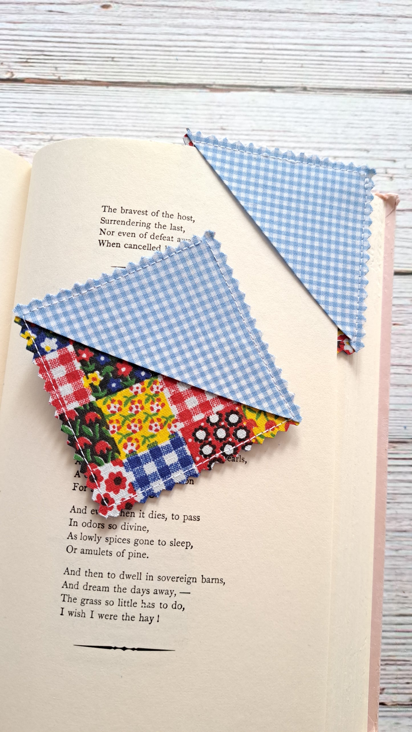 Lt. Blue Gingham/Patchwork Picnic Pattern/Solid Denim Blue Fabric Corner Bookmark