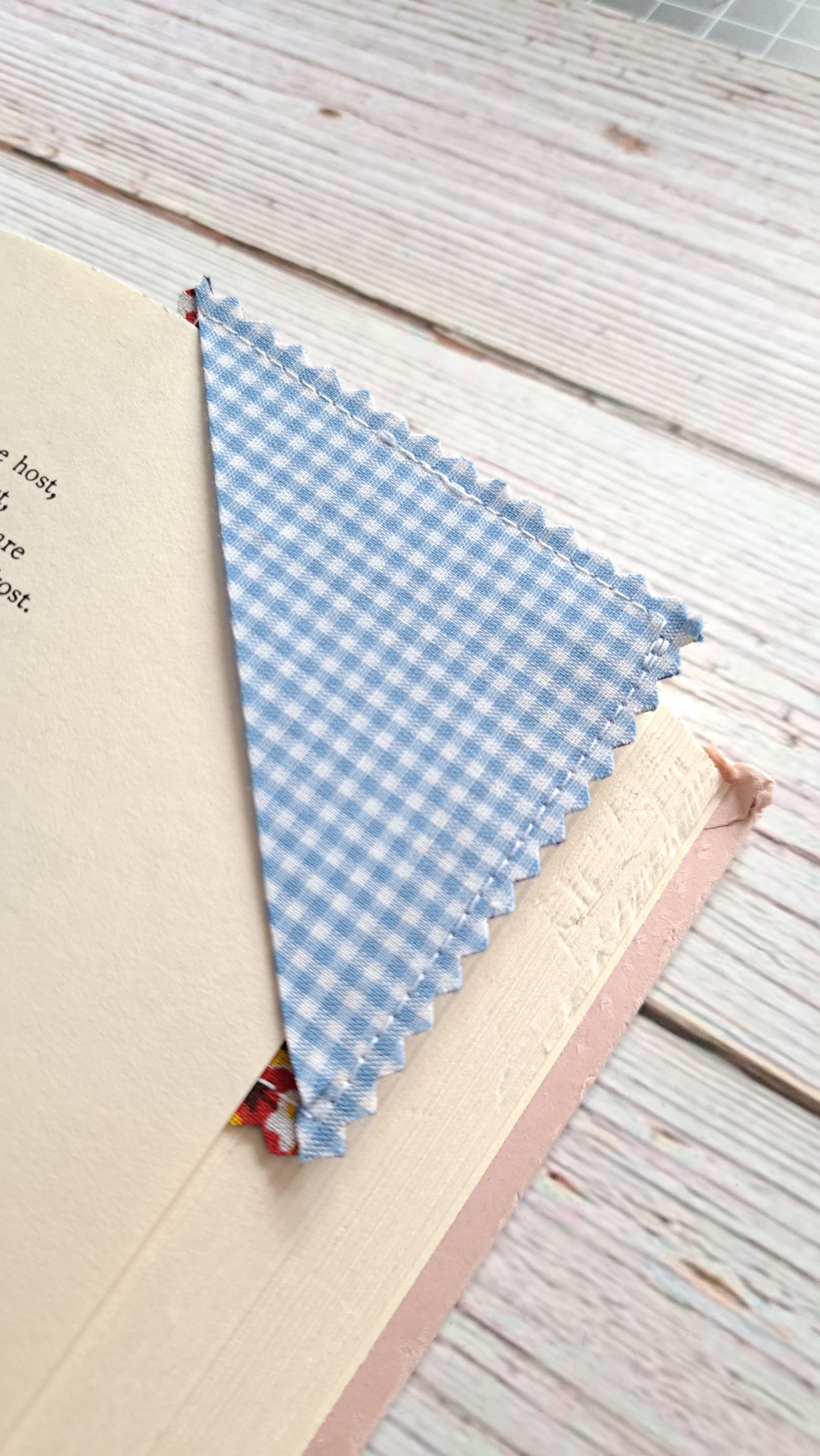 Lt. Blue Gingham/Patchwork Picnic Pattern/Solid Denim Blue Fabric Corner Bookmark