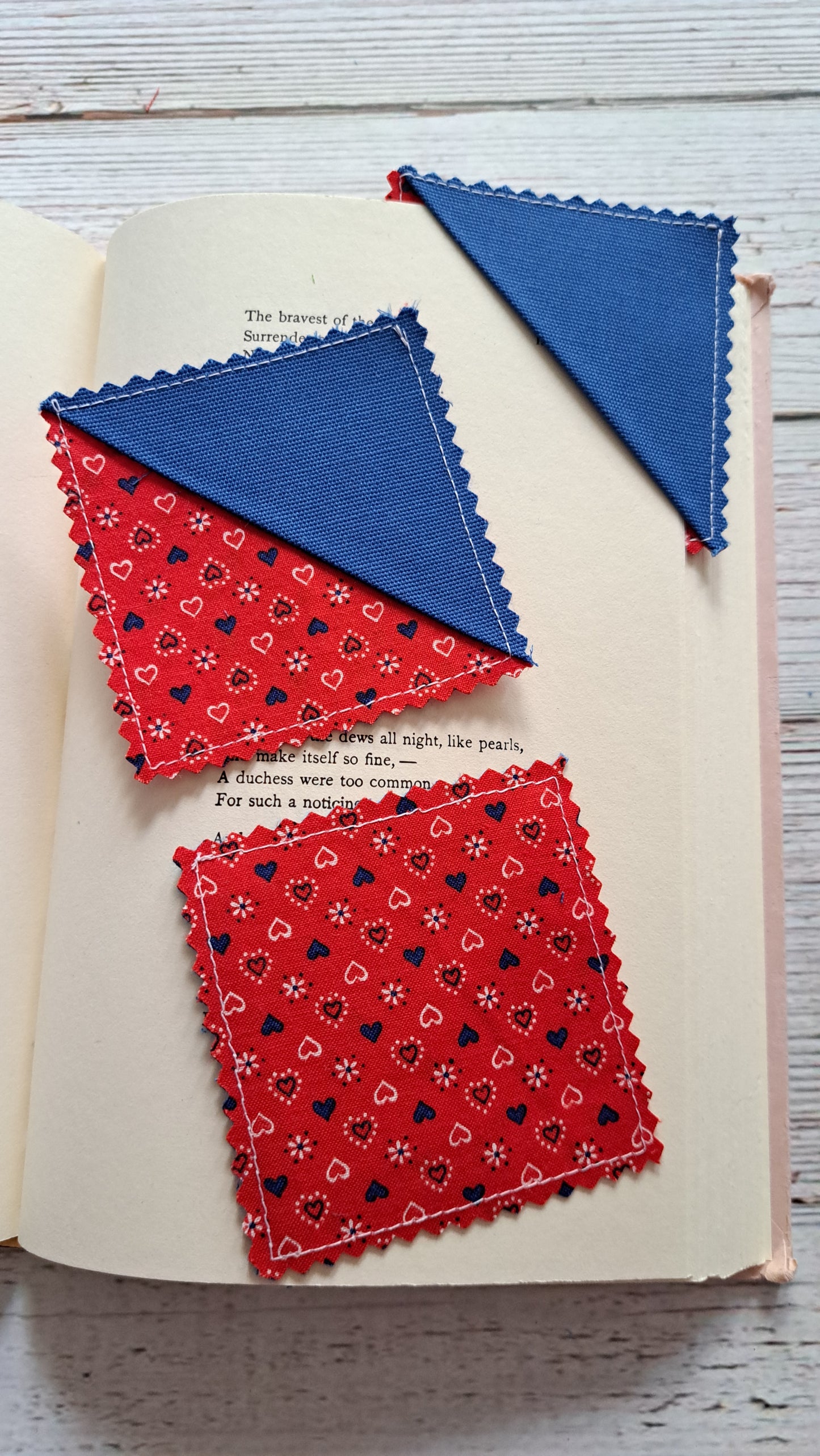 Denim Blue/Blue & White Heart on Red Fabric Corner Bookmark