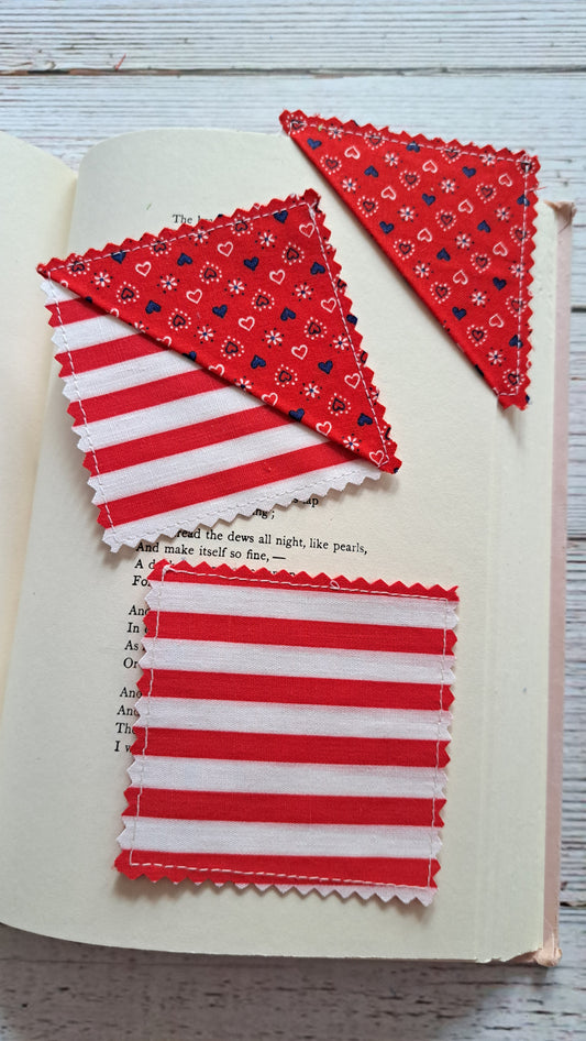 White and Blue Hearts w/ Red & White Stripes Fabric Corner Bookmark