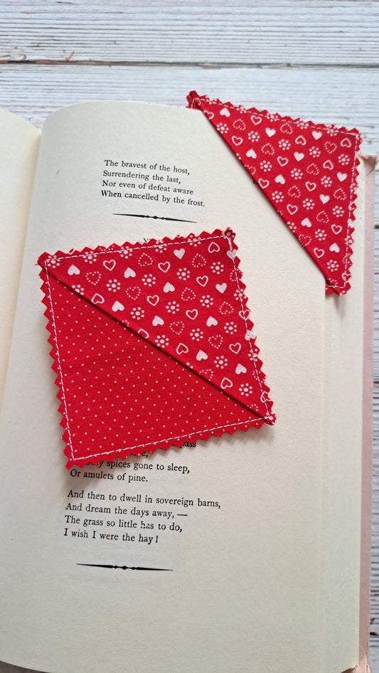 Red and White Hearts with Red and White Dots Fabric Corner Bookmark