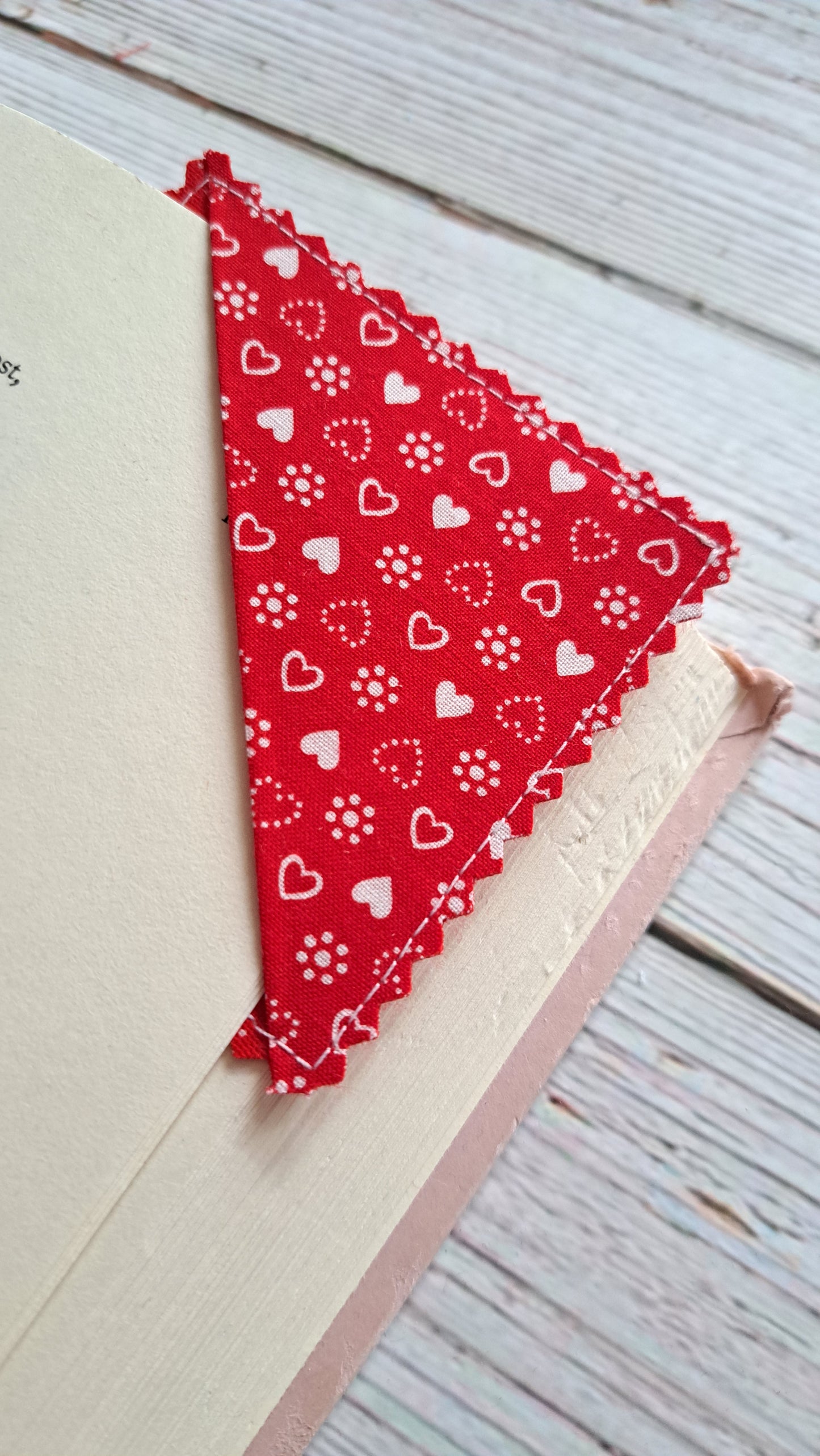 Red and White Hearts with Red and White Dots Fabric Corner Bookmark