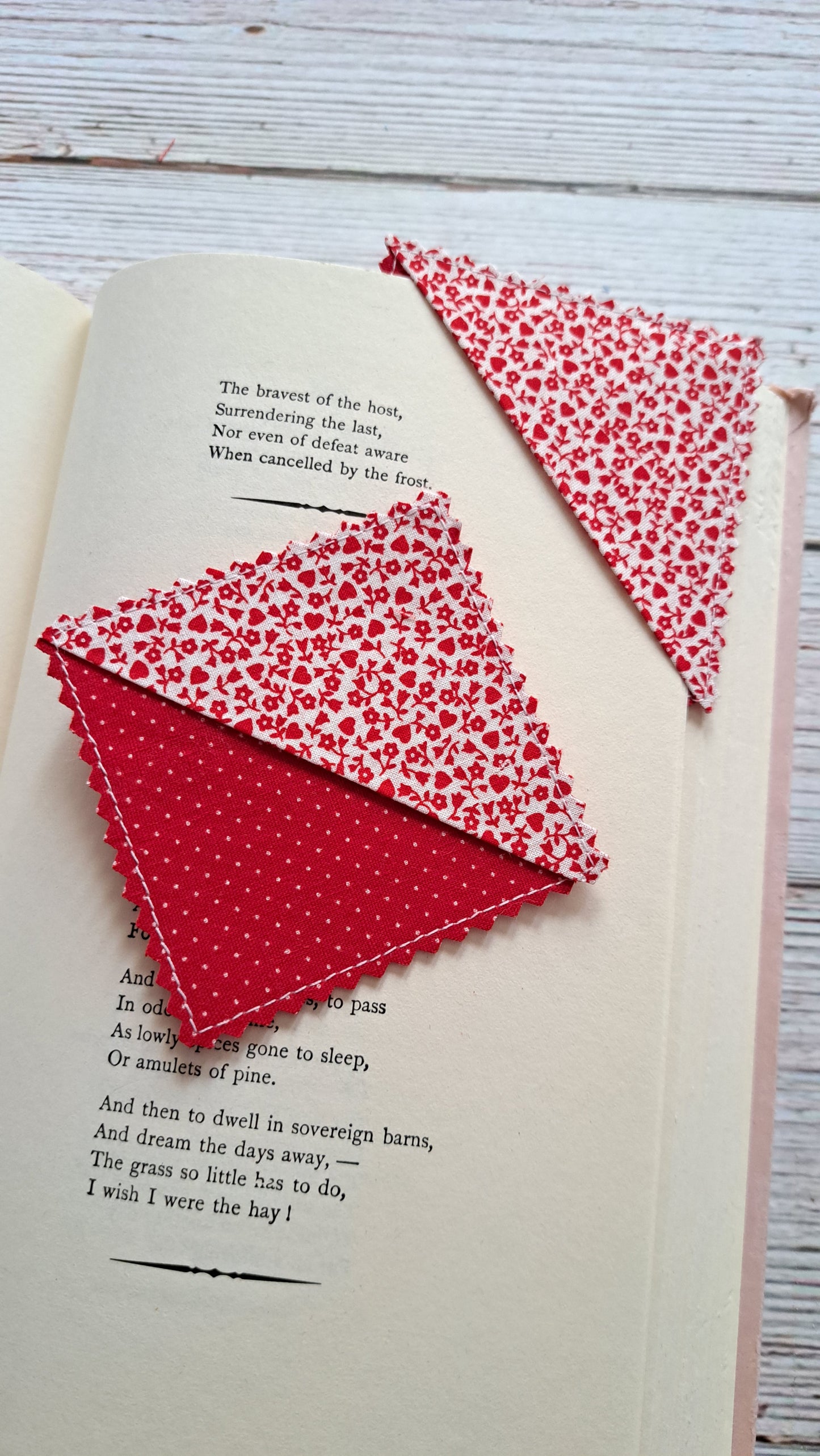Red Hearts, Flowers and Polka Dots Fabric Corner Bookmark