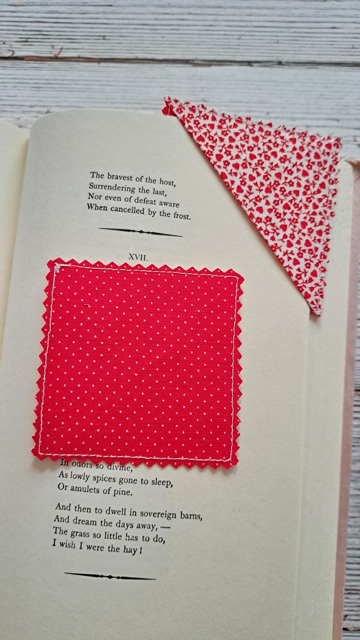 Red Hearts, Flowers and Polka Dots Fabric Corner Bookmark