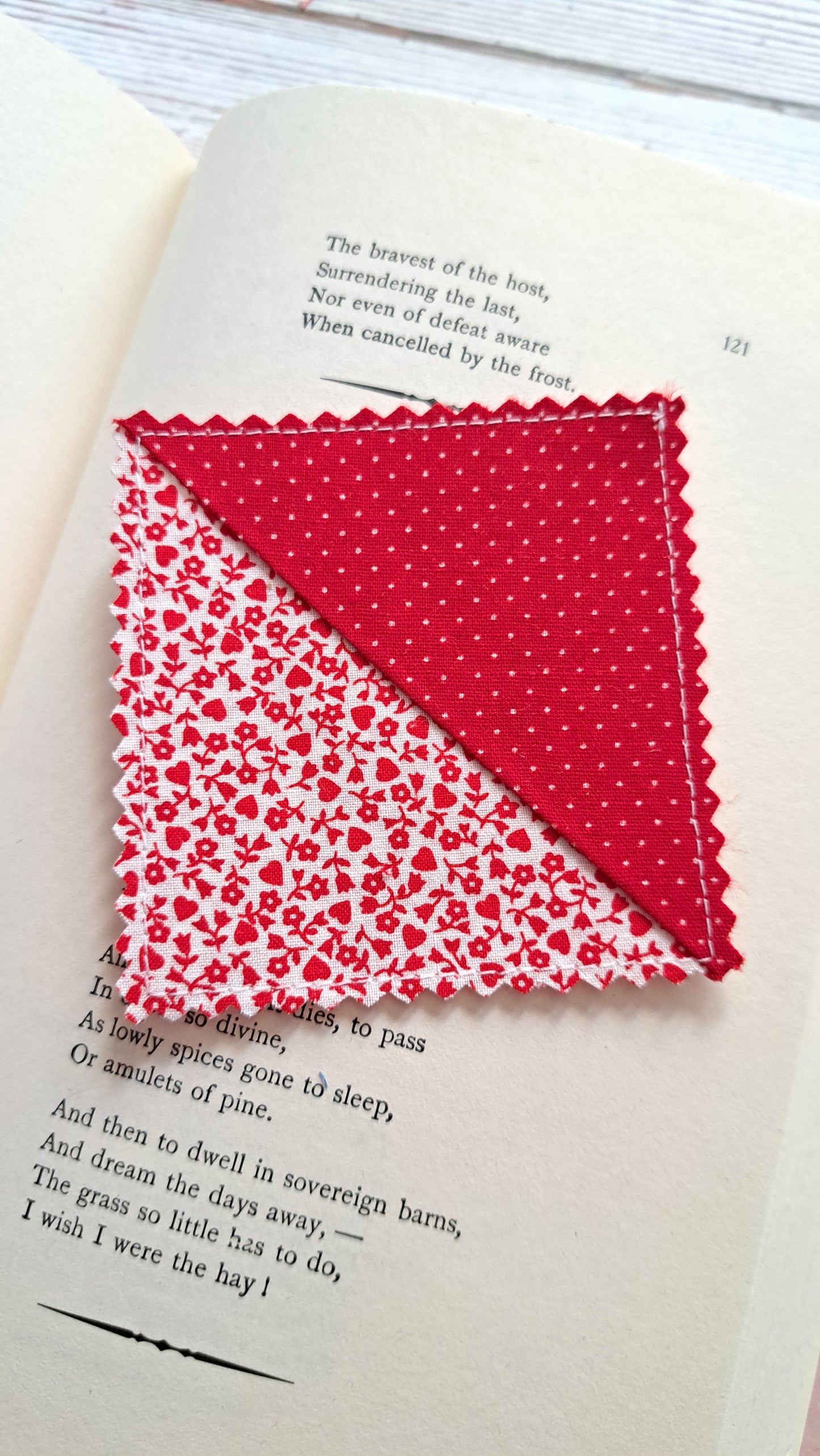 Red w/ White Polka Dot with Red Hearts/Floral on white Fabric Corner Bookmark