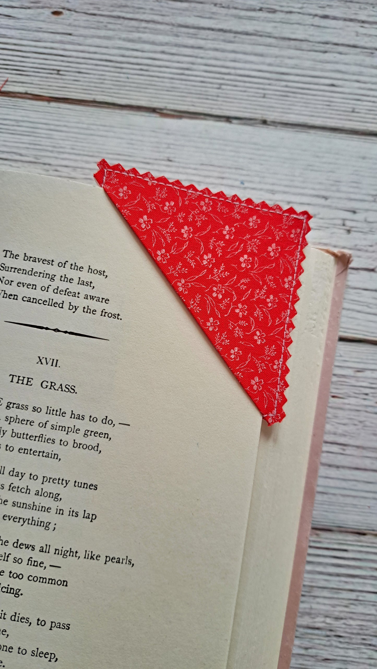 Red w/ White Floral with Red Heart on white Fabric Corner Bookmark