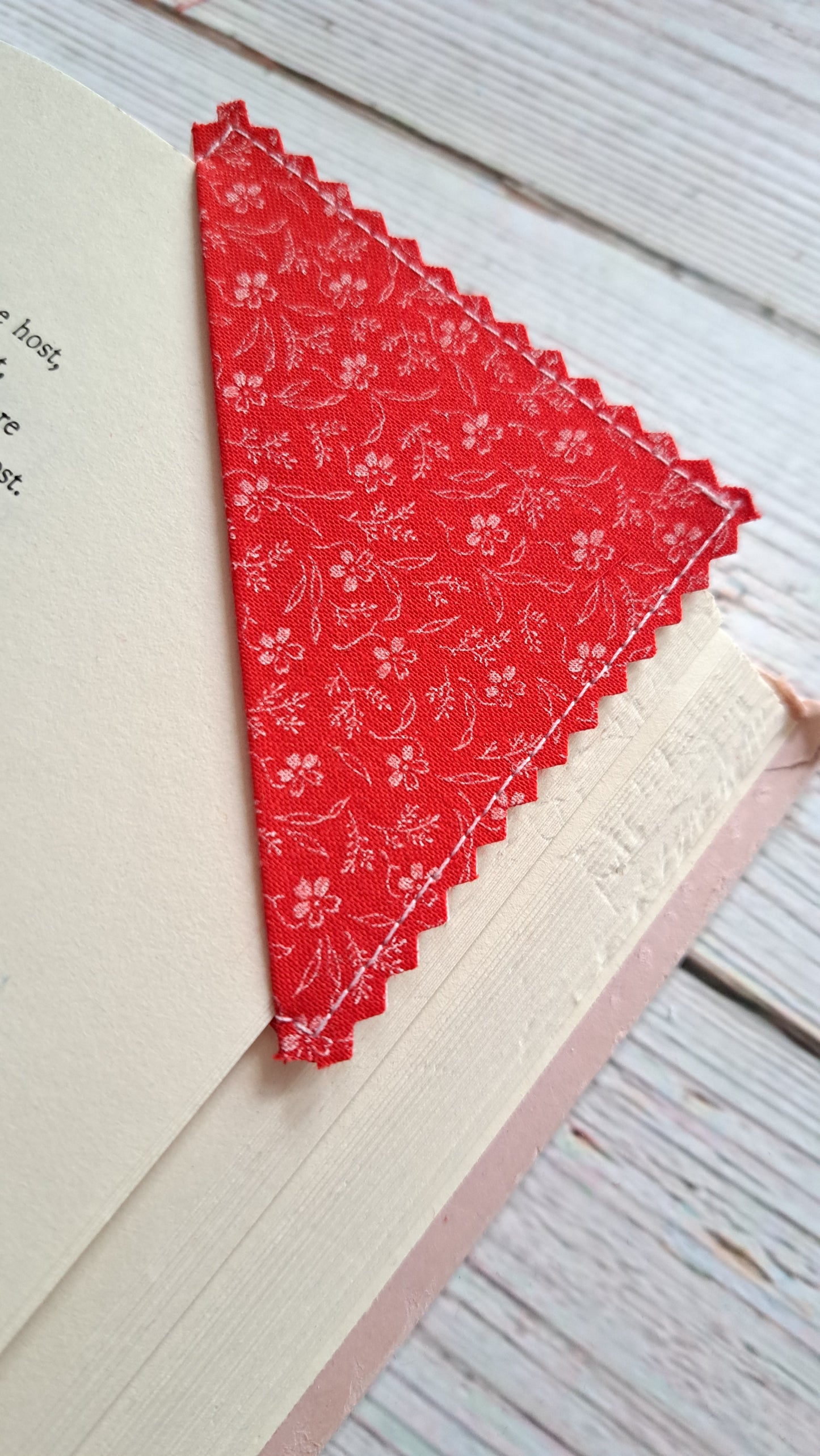 Red w/ White Floral with Red Heart on white Fabric Corner Bookmark