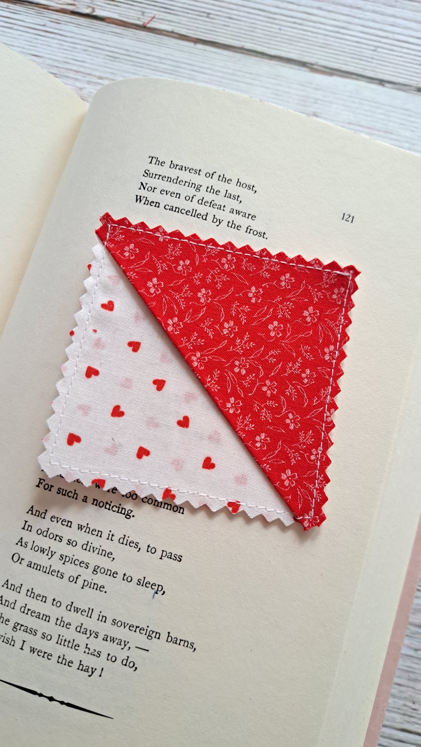 Red w/ White Floral with Red Heart on white Fabric Corner Bookmark