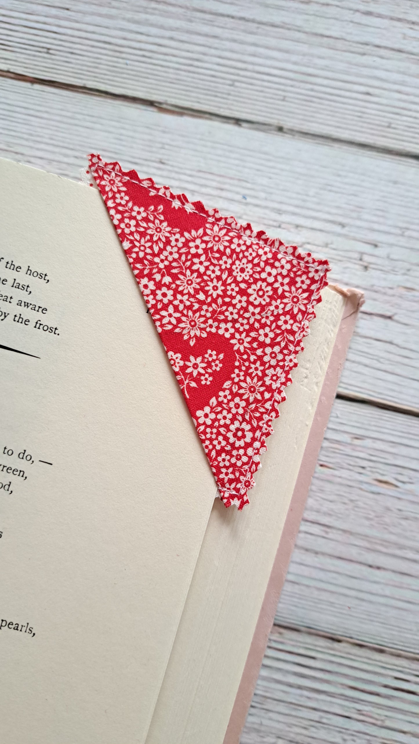 Red Hearts and White Florals & Polka Dots Fabric Corner Bookmark