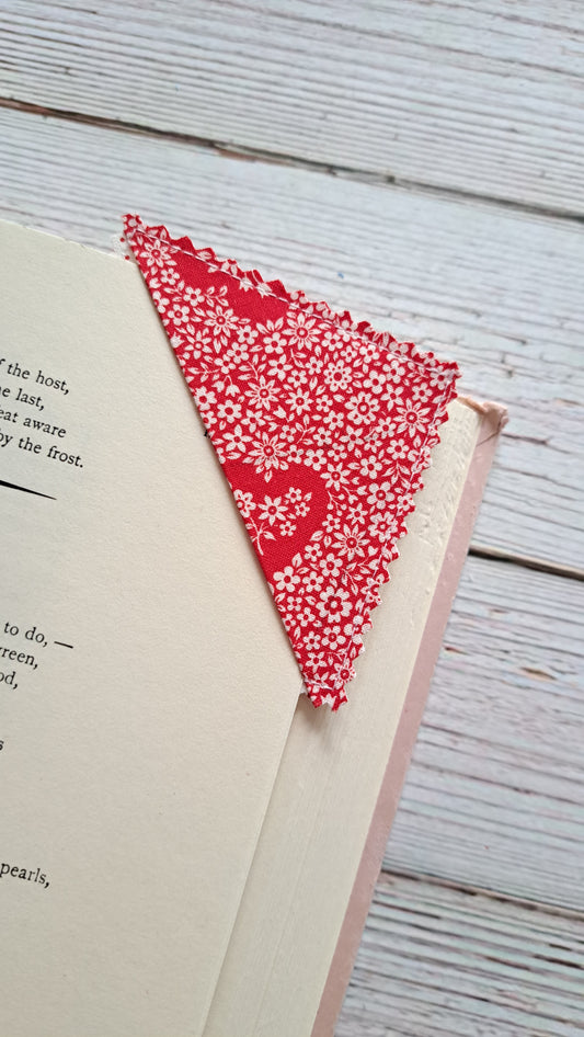Red Hearts and White Florals & Polka Dots Fabric Corner Bookmark