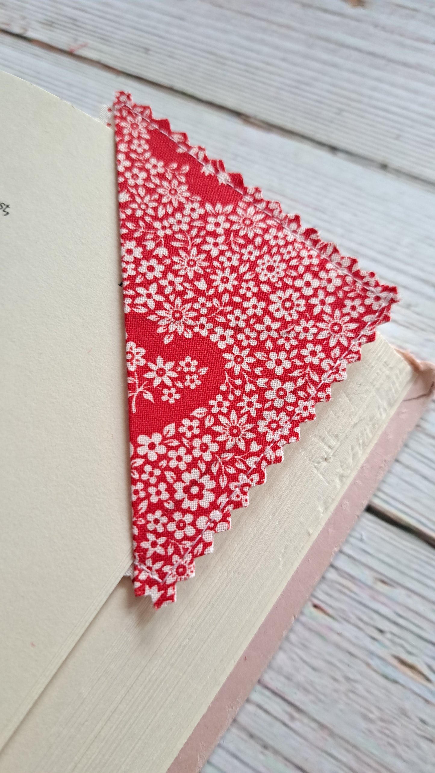 Red Hearts and White Florals & Polka Dots Fabric Corner Bookmark