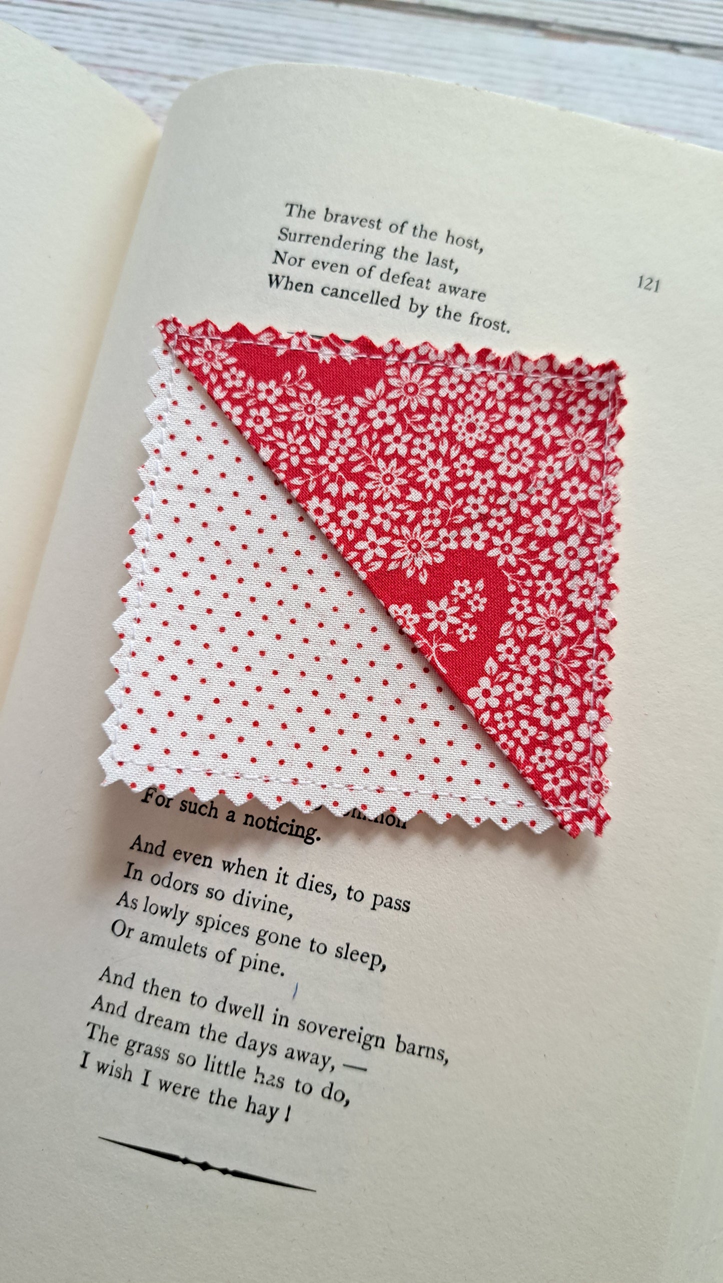 Red Hearts and White Florals & Polka Dots Fabric Corner Bookmark