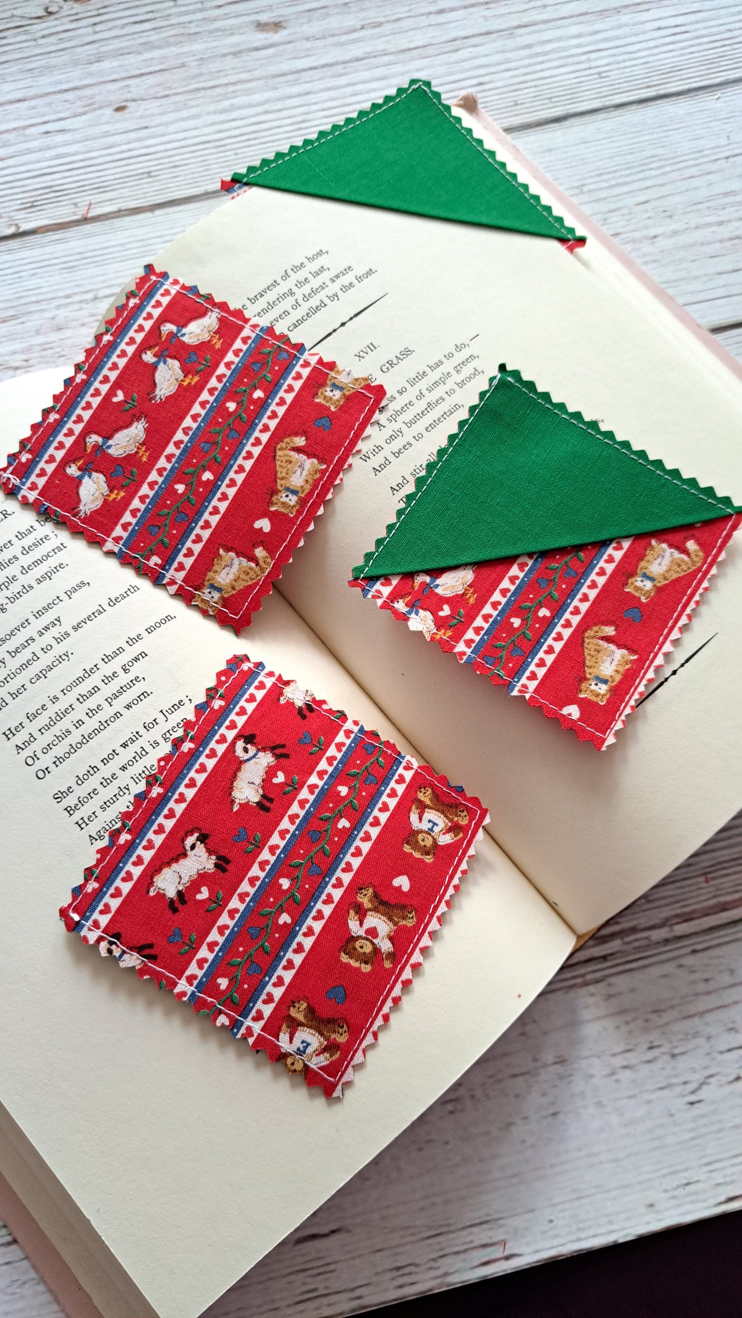Green/Red with Ducks, Bears, Cats & Sheep Fabric Corner Bookmark (Random)