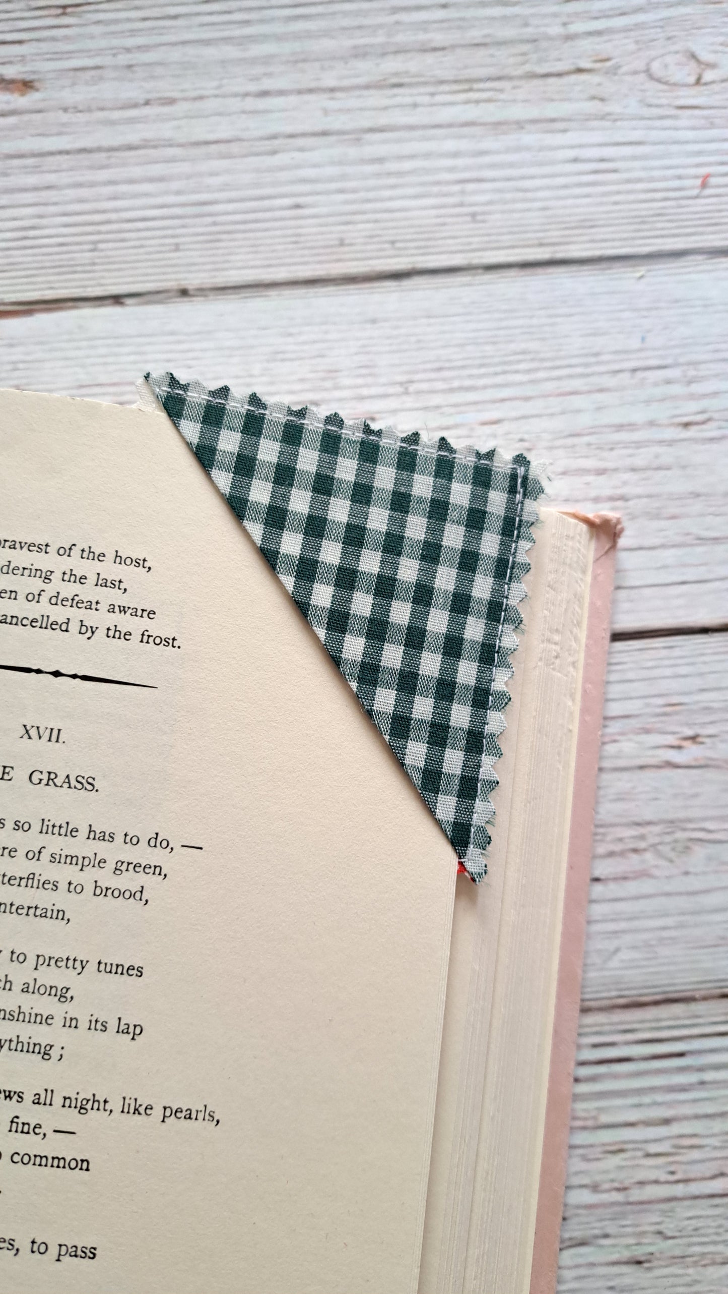 Dark Green Gingham with Strawberries Fabric Corner Bookmark