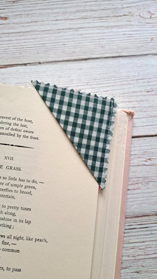Dark Green Gingham with Strawberries Fabric Corner Bookmark