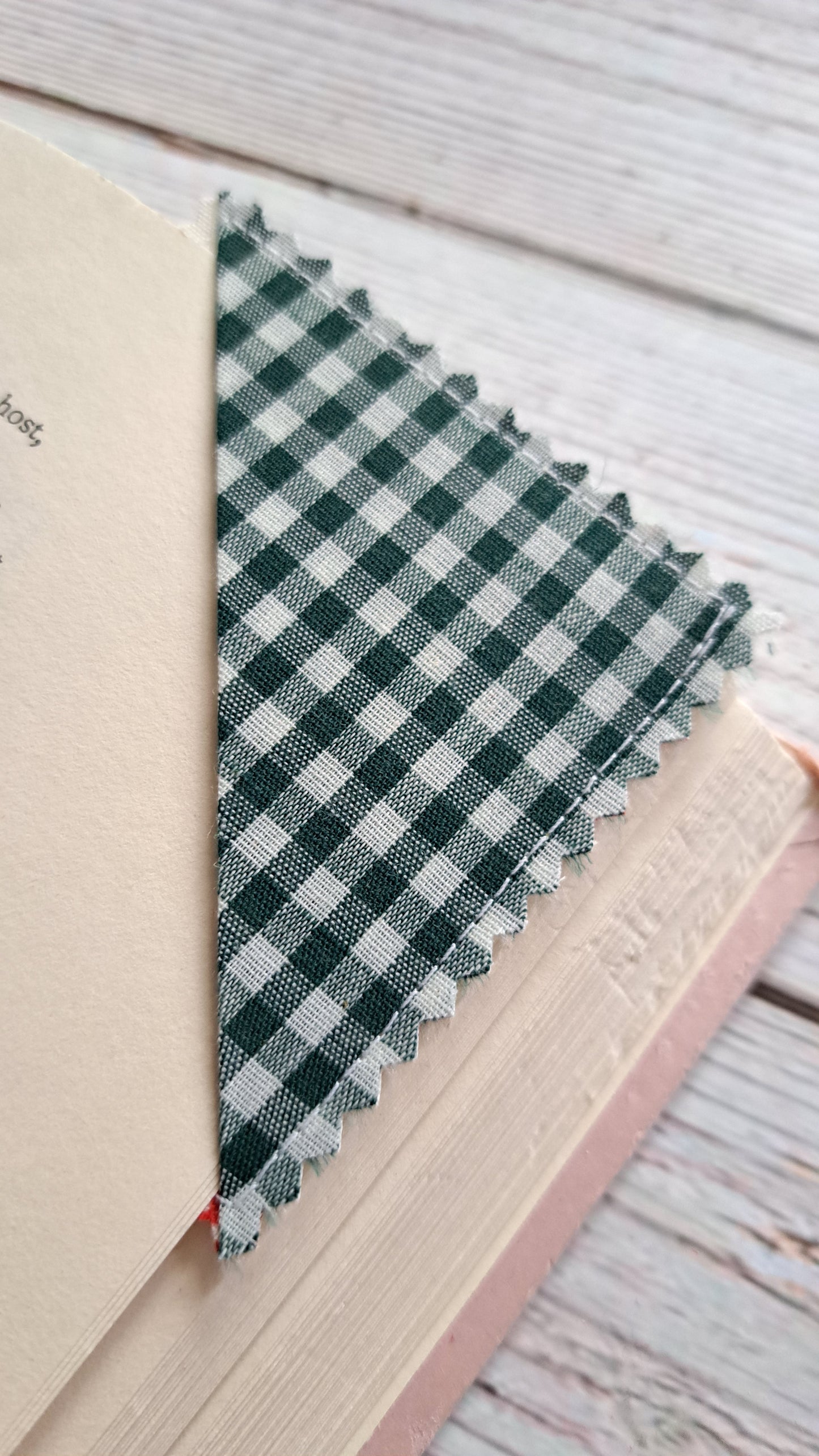 Dark Green Gingham with Strawberries Fabric Corner Bookmark