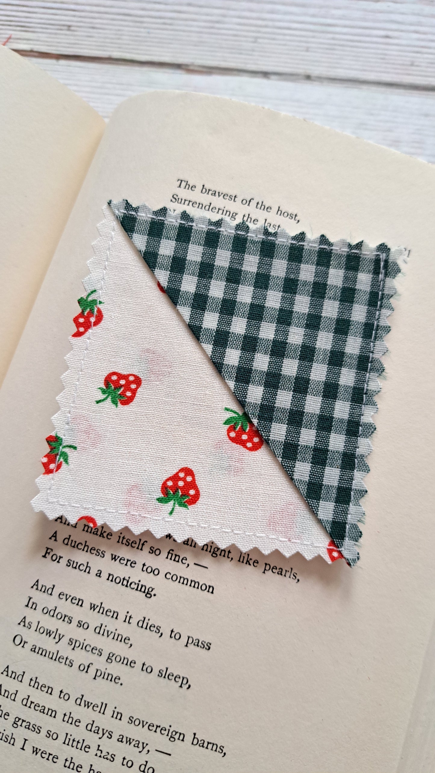 Dark Green Gingham with Strawberries Fabric Corner Bookmark