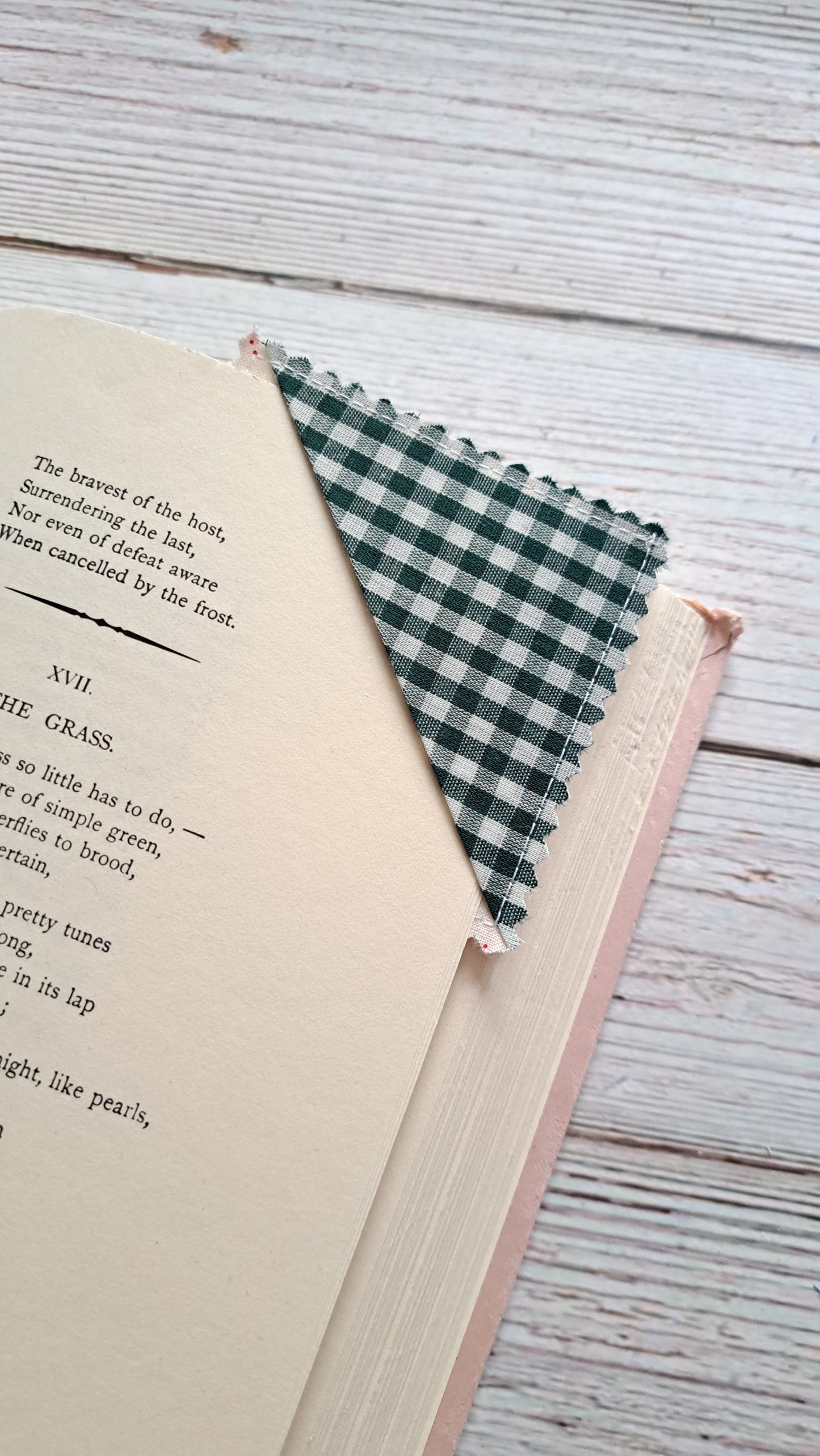 Dark Green Gingham corner with little Red Floral Fabric Corner Bookmark