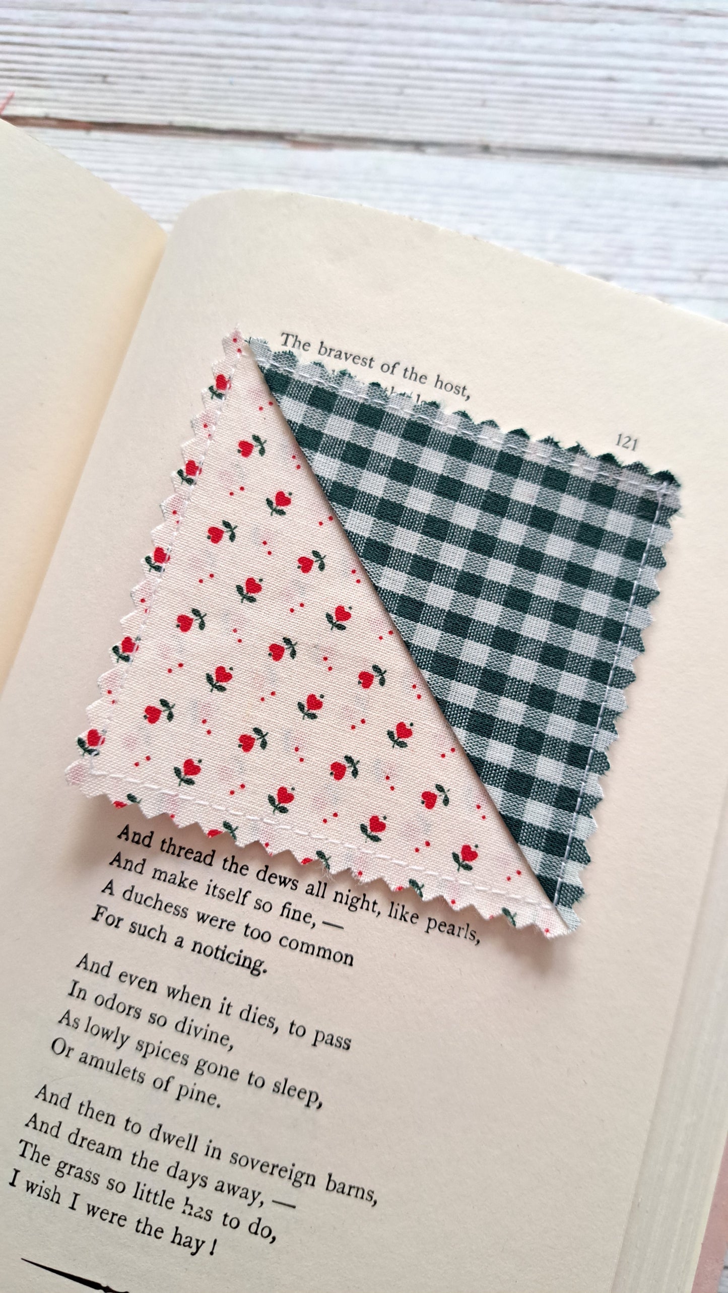 Dark Green Gingham corner with little Red Floral Fabric Corner Bookmark